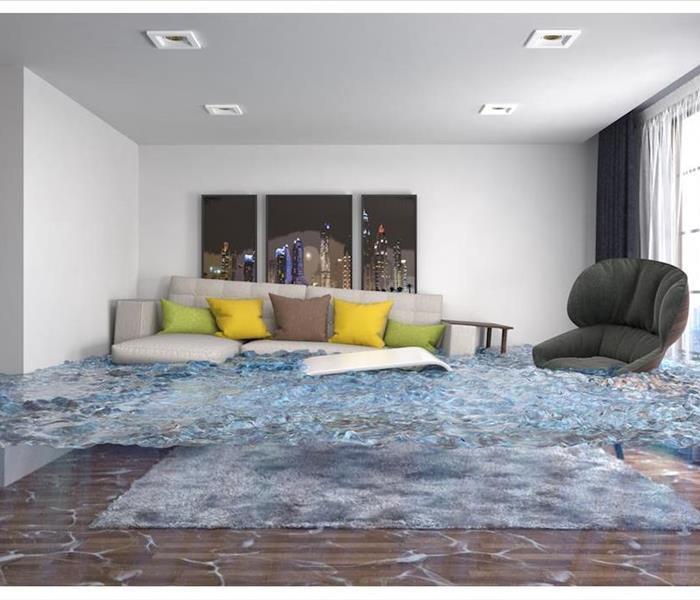 couch in a room with flood damage